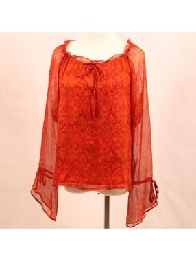 Vintage 90s 100% Silk Chiffon Red Orange Flowy Blouse Medium NYC Design Co